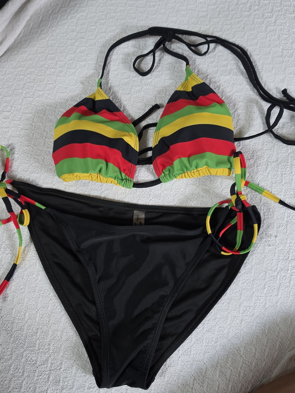 Striped Triangle Bikini Set with Black Bottom - Red, Green & Yellow